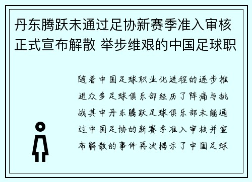 丹东腾跃未通过足协新赛季准入审核正式宣布解散 举步维艰的中国足球职业化困境再现 丹东腾跃未通过足协新赛季准入审核正式宣布解散 举步维艰的中国足球职业化困境再现